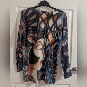 Charlie B Modal Blend Art Graphic Knit Sweater Abstract Portrait Print Boho S